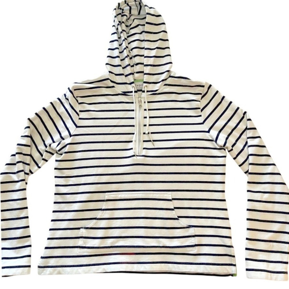 Villager Liz Claiborne Hoodie Womens‎ L Breton Stripe Half Zip Cotton Nautical